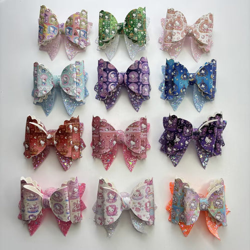 Kawaii Anime Faux Leather Bow Toppers for Beaded Pens | Multi-Layered Scalloped Glitter Bows for DIY Crafts & Planners