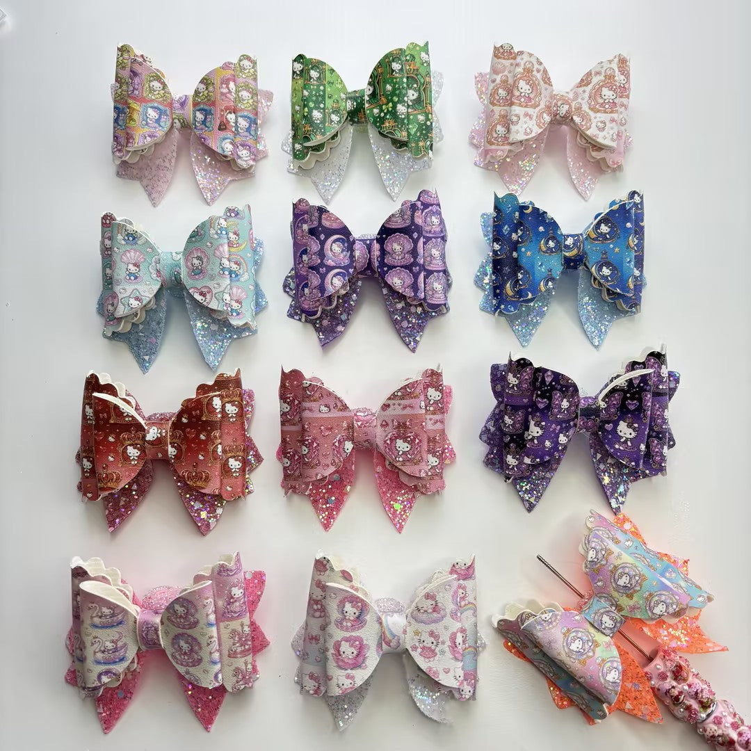 Kawaii Anime Faux Leather Bow Toppers for Beaded Pens | Multi-Layered Scalloped Glitter Bows for DIY Crafts & Planners