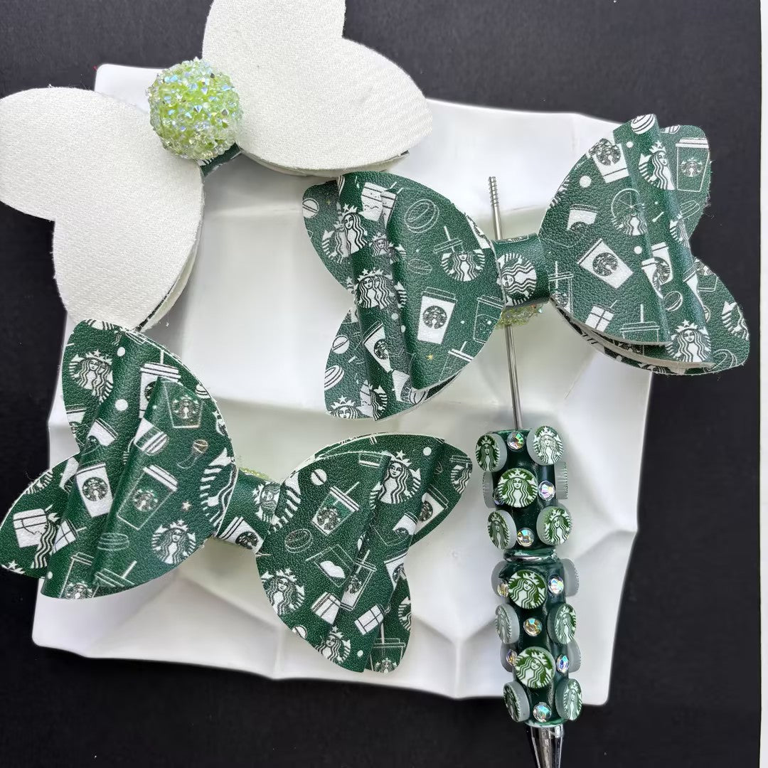 Coffee Lover Faux Leather Bow Topper for Beaded Pens | Emerald Green Cafe Cup Butterfly Bow Pen Charm for DIY Crafts