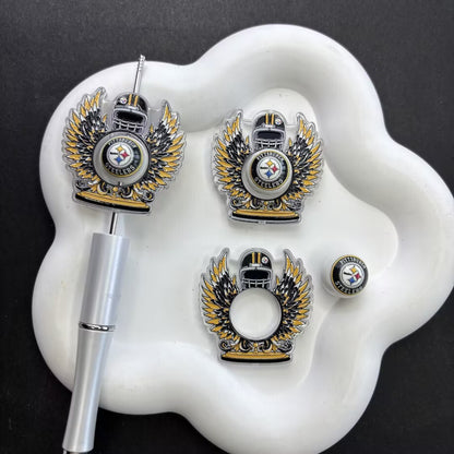 Football Helmet Winged Crest Acrylic Focal Bead Sets | 2-Piece O-Ring Frame & Center Bead for Beaded Pens & Keychains