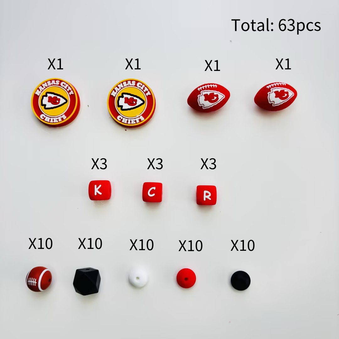 Game Day Silicone Beads Kit, 60+ Pcs Football Focal Beads Assortment for Beadable Pens, DIY Keychain, Wristlet & Lanyard Making