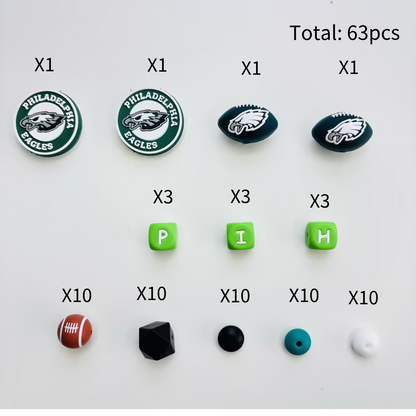 Game Day Silicone Beads Kit, 60+ Pcs Football Focal Beads Assortment for Beadable Pens, DIY Keychain, Wristlet & Lanyard Making