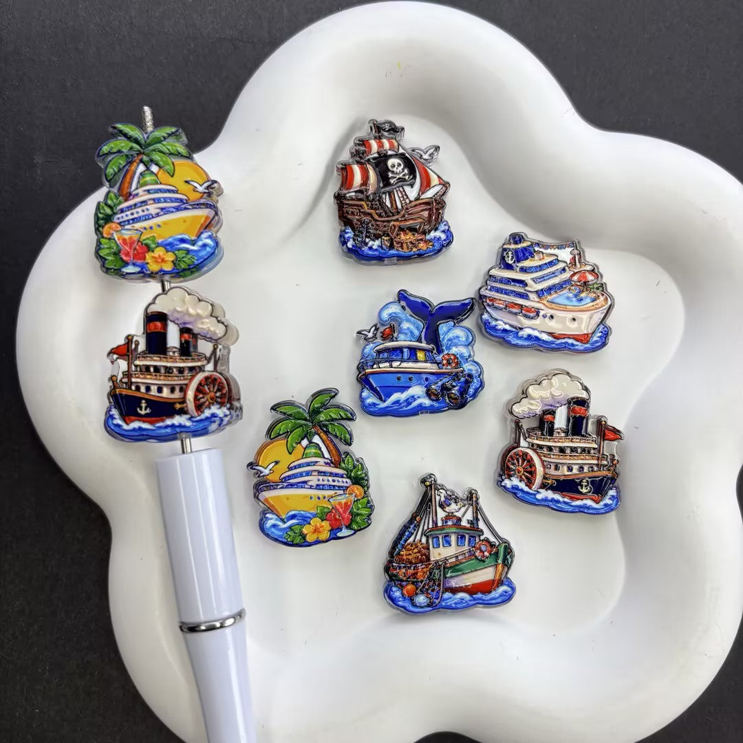 Cartoon Nautical Cruise Ship Focal Beads / Resin Charms, Ocean Theme Pirate Boat Steamship Flatback Cabochons for Beaded Pens DIY Crafts