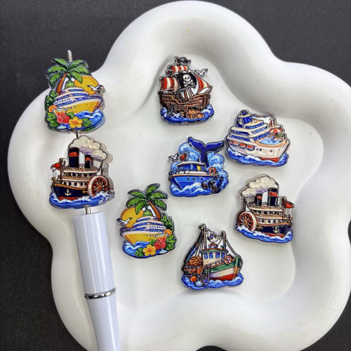 Cartoon Nautical Cruise Ship Focal Beads / Resin Charms, Ocean Theme Pirate Boat Steamship Flatback Cabochons for Beaded Pens DIY Crafts
