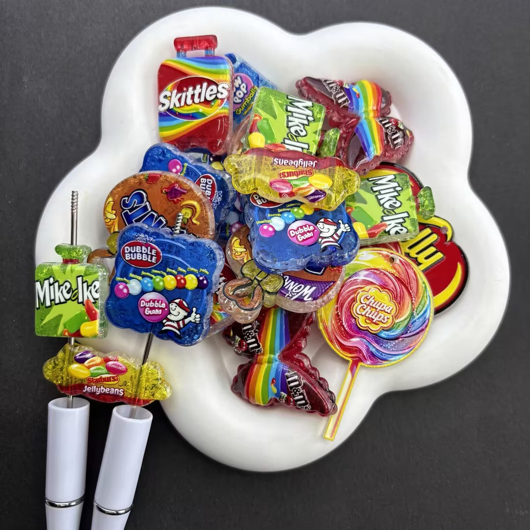 Sweet Candy Snacks Focal Beads for Beadable Pens, Cute Lollipop Rainbow Treats Resin Acrylic Charms for DIY Keychain Jewelry Crafts