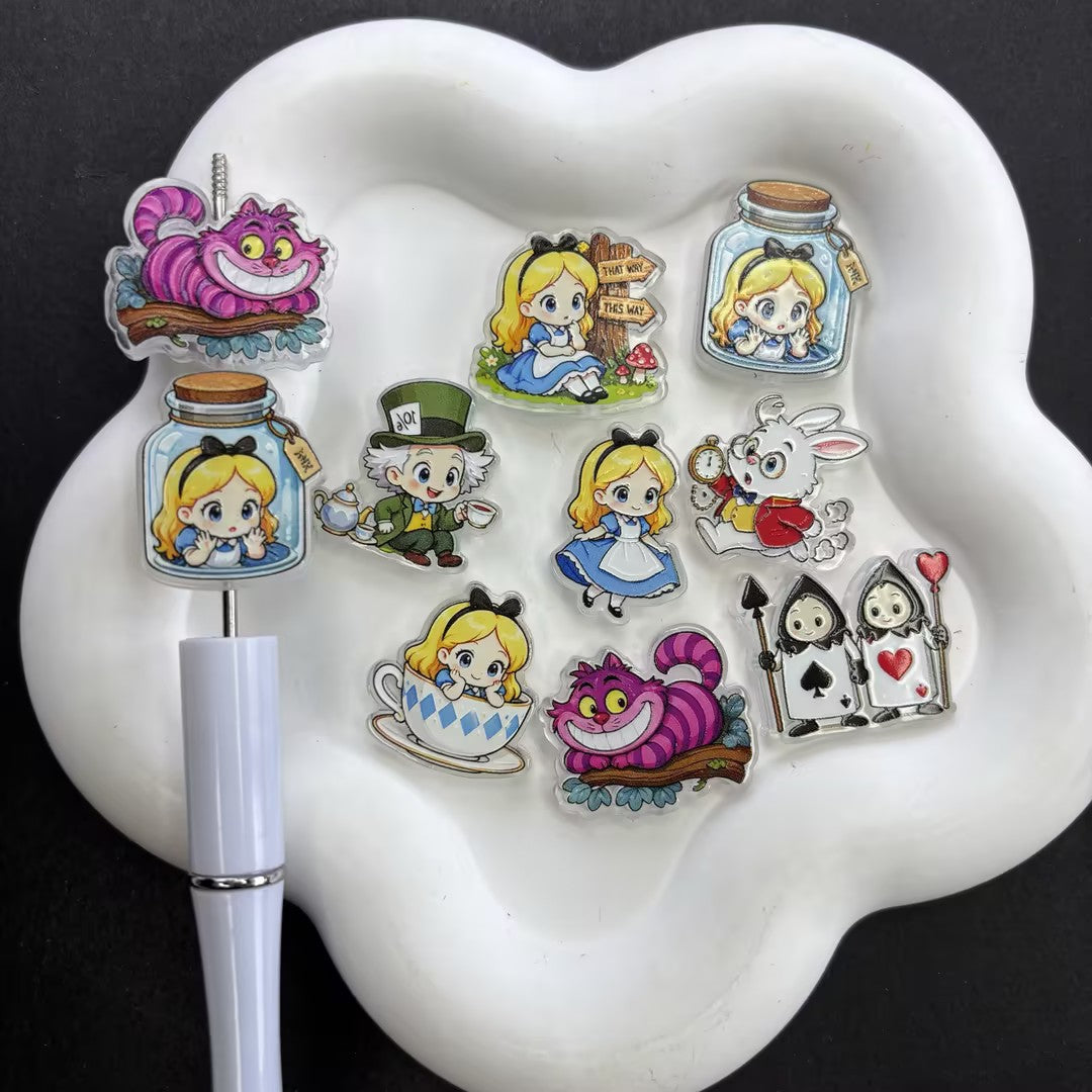 Alice in Wonderland Focal Beads for Beadable Pens, Cute Cheshire Cat Mad Hatter White Rabbit Acrylic Charms for DIY Keychain Pen Crafts