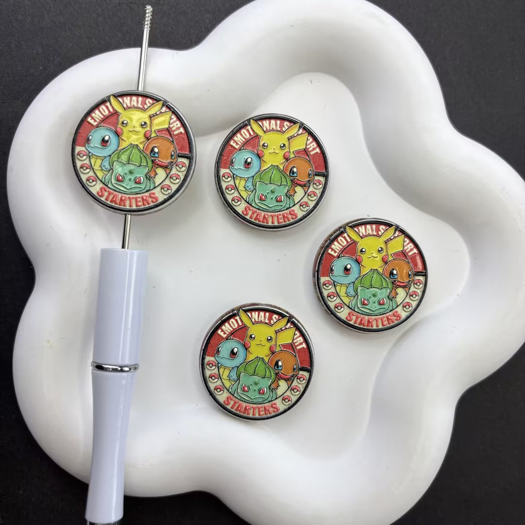 Classic Anime Starter Monsters Focal Beads for Beadable Pens, Cute Yellow Mouse & Pocket Pets Round Metal Epoxy Charms for DIY Keychain Crafts