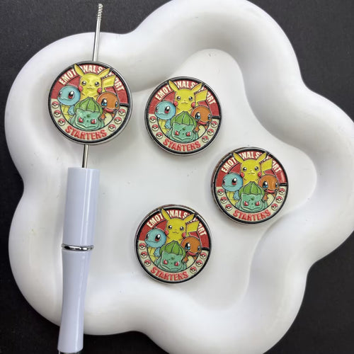Classic Anime Starter Monsters Focal Beads for Beadable Pens, Cute Yellow Mouse & Pocket Pets Round Metal Epoxy Charms for DIY Keychain Crafts