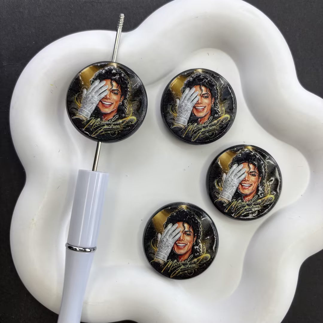 King of Pop Michael Jackson Focal Beads for Beadable Pens, Glitter Glove Music Legend Round Metal Epoxy Charms for DIY Keychain Pen Crafts