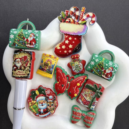 Vintage Christmas Focal Beads for Beadable Pens, Cute Santa Stocking Handbag Gift Box Resin Charms for DIY Holiday Keychain Pen Crafts