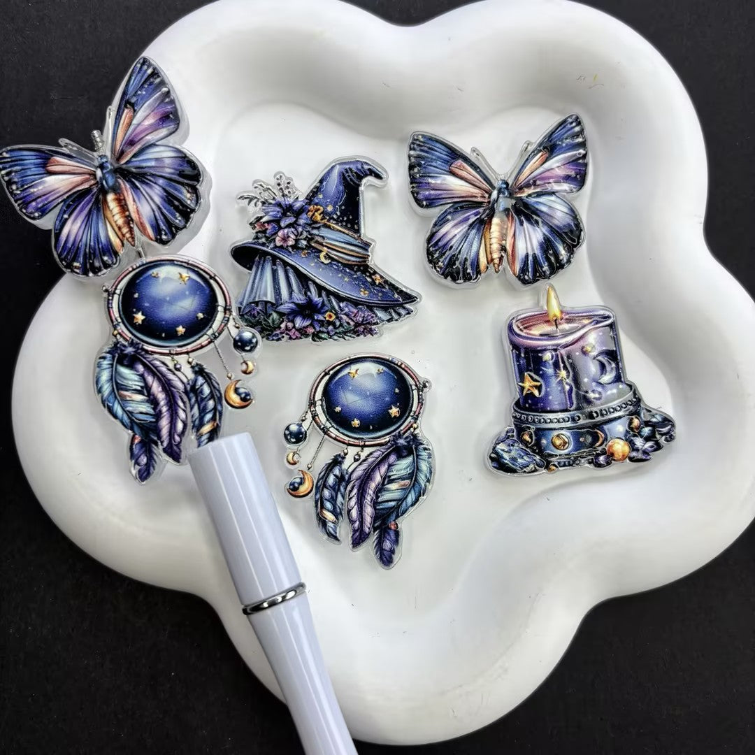 Celestial Witchy Focal Beads for Beadable Pens, Purple Magic Witch Hat Dreamcatcher Candle Butterfly Acrylic Charms for DIY Pen Keychain Crafts