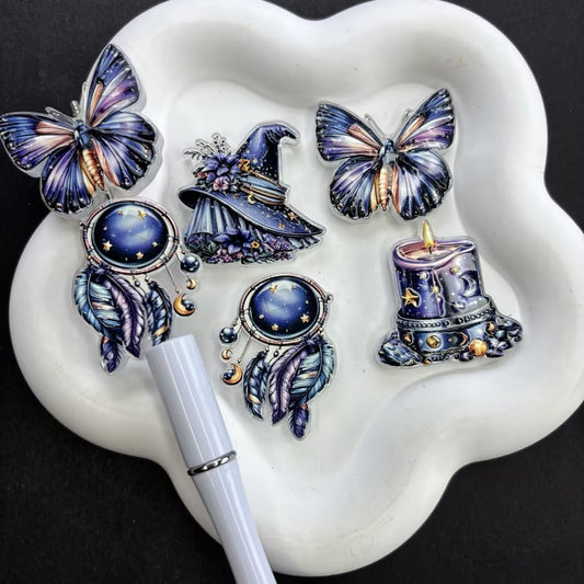 Celestial Witchy Focal Beads for Beadable Pens, Purple Magic Witch Hat Dreamcatcher Candle Butterfly Acrylic Charms for DIY Pen Keychain Crafts