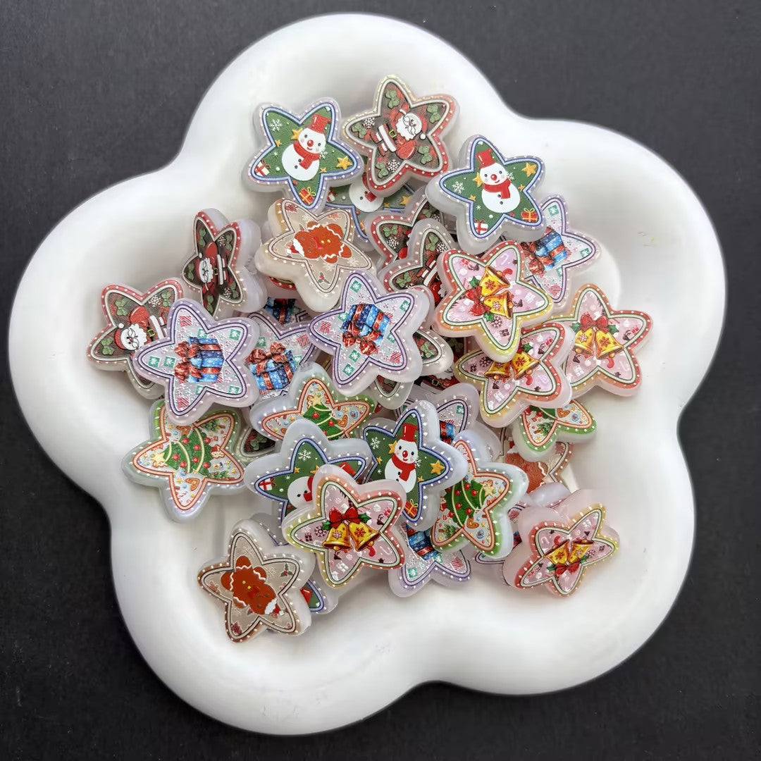 Vintage Christmas Star Focal Beads for Beadable Pens, Cute Gingerbread Man Santa Snowman Acrylic Star Charms for DIY Holiday Keychain Pen Crafts