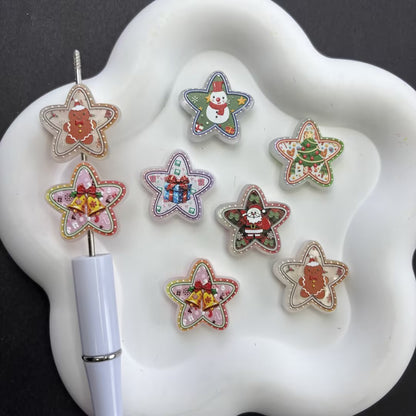 Vintage Christmas Star Focal Beads for Beadable Pens, Cute Gingerbread Man Santa Snowman Acrylic Star Charms for DIY Holiday Keychain Pen Crafts