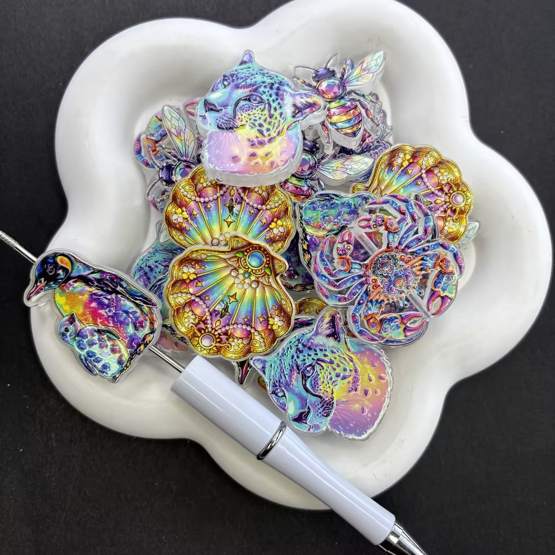 Iridescent Rainbow Animal Focal Beads for Beadable Pens, Cute Holographic Crab Penguin Bee Leopard Shell Acrylic Charms for DIY Keychain Pen Crafts