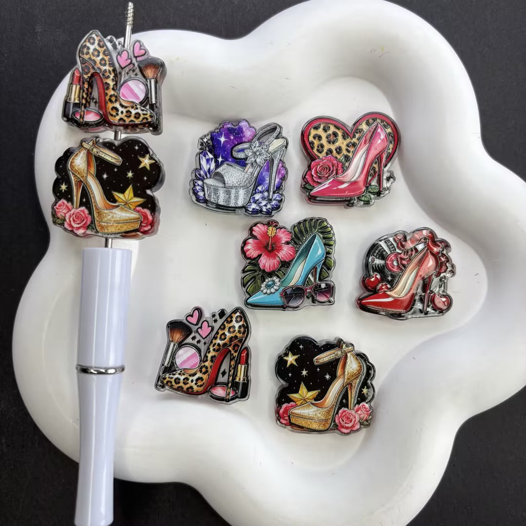High Heels Glam Fashion Focal Beads for Beadable Pens, Leopard Lipstick Stiletto Acrylic Resin Charms for DIY Diva Keychain Pen Crafts