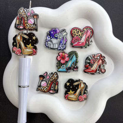 High Heels Glam Fashion Focal Beads for Beadable Pens, Leopard Lipstick Stiletto Acrylic Resin Charms for DIY Diva Keychain Pen Crafts