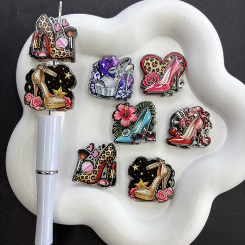 High Heels Glam Fashion Focal Beads for Beadable Pens, Leopard Lipstick Stiletto Acrylic Resin Charms for DIY Diva Keychain Pen Crafts