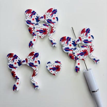 2-Piece Sports Bow & Heart Silicone Focal Beads Set – Game Day Hollow Ribbon Bow with Heart Beads for Beadable Pens, Keychains & Wristlets