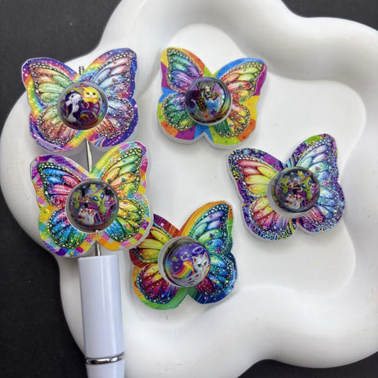 Rainbow Butterfly Acrylic Focal Beads for Beadable Pens - 90s Nostalgia Neon Butterfly & Kitten Pen Topper Charms DIY Craft Kit