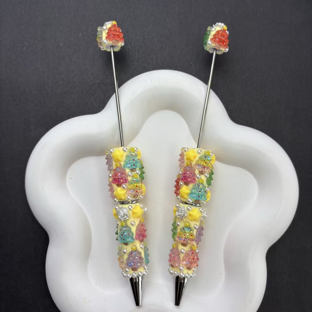Handmade Pastel Christmas Tree Beaded Pens, 3D Embellished Star & Floral Holiday Ballpoint Pens with Top Beads, Cute Office Stationery & Xmas Gifts
