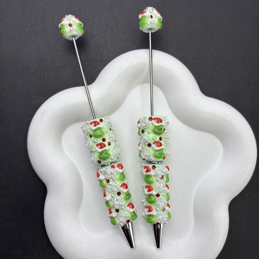 Handmade Mean Green Monster Christmas Beaded Pens, 3D Resin Holiday Character & Pearl Embellished Ballpoint Pens with Topper Beads, Grumpy Christmas Desk Gifts