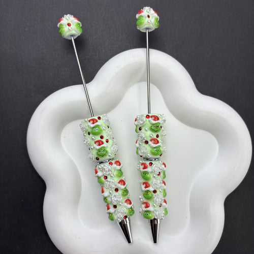 Handmade Mean Green Monster Christmas Beaded Pens, 3D Resin Holiday Character & Pearl Embellished Ballpoint Pens with Topper Beads, Grumpy Christmas Desk Gifts