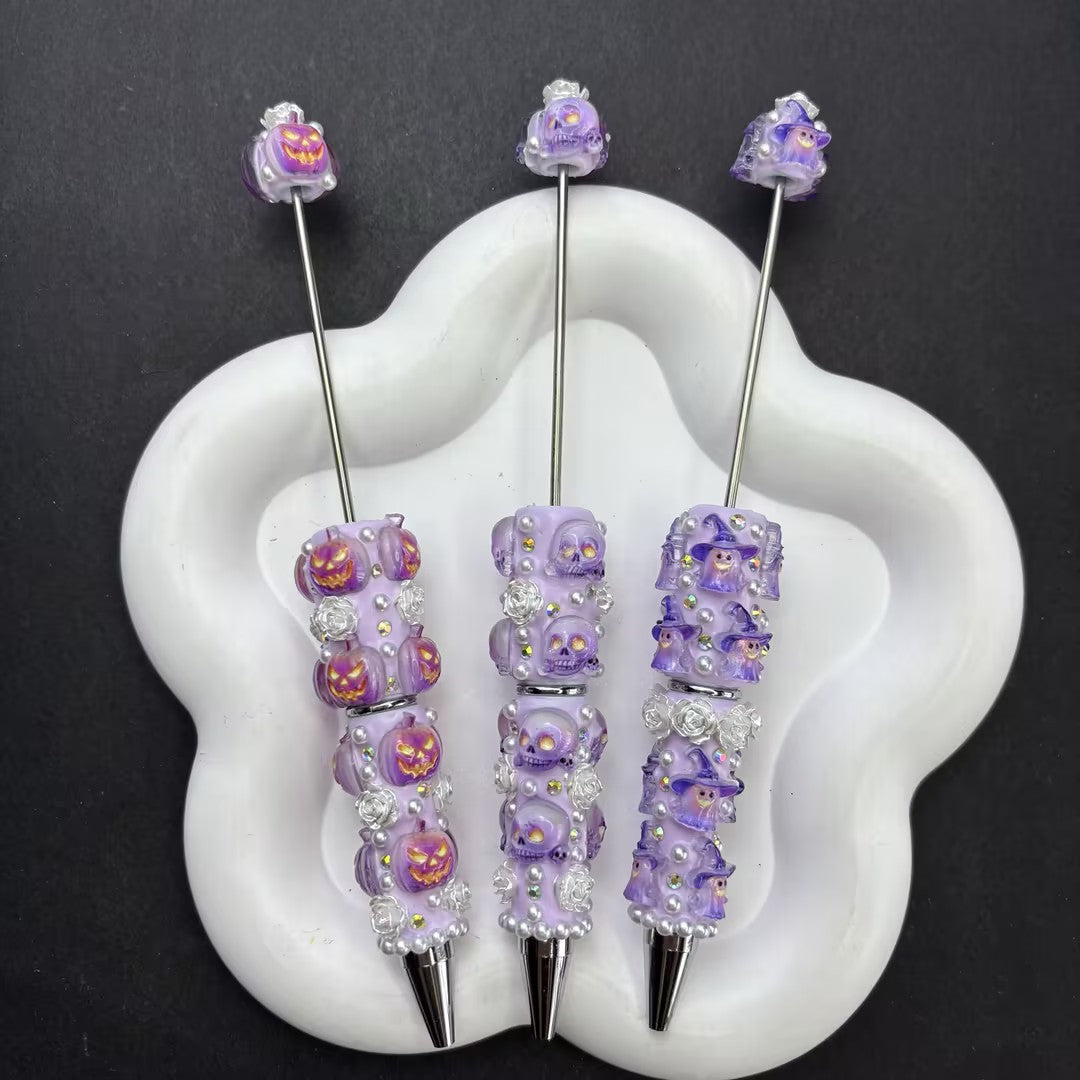 3Pcs/Set Handmade Pastel Purple Halloween Ballpoint Pens, 3D Sculpted Rose Pearl Jack-O-Lantern Skull Pens, Spooky Season Stationery, Boo Basket Stuffer Gift
