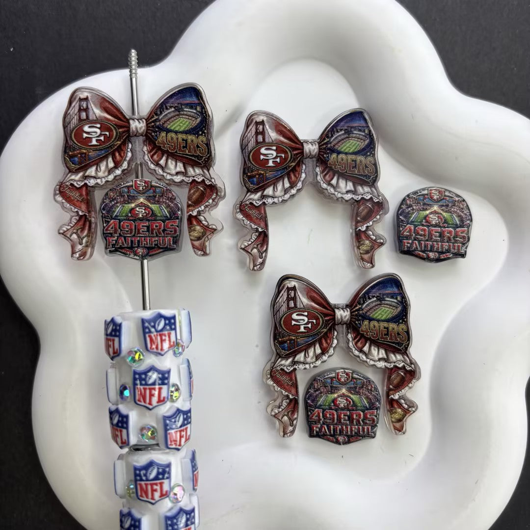 Football Team Bow Focal Beads & Spacer Set – Coquette Ribbon Beadable Pen Kit for DIY Game Day Crafts