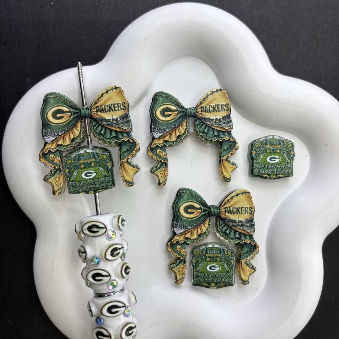 Football Team Bow Focal Beads & Spacer Set – Coquette Ribbon Beadable Pen Kit for DIY Game Day Crafts