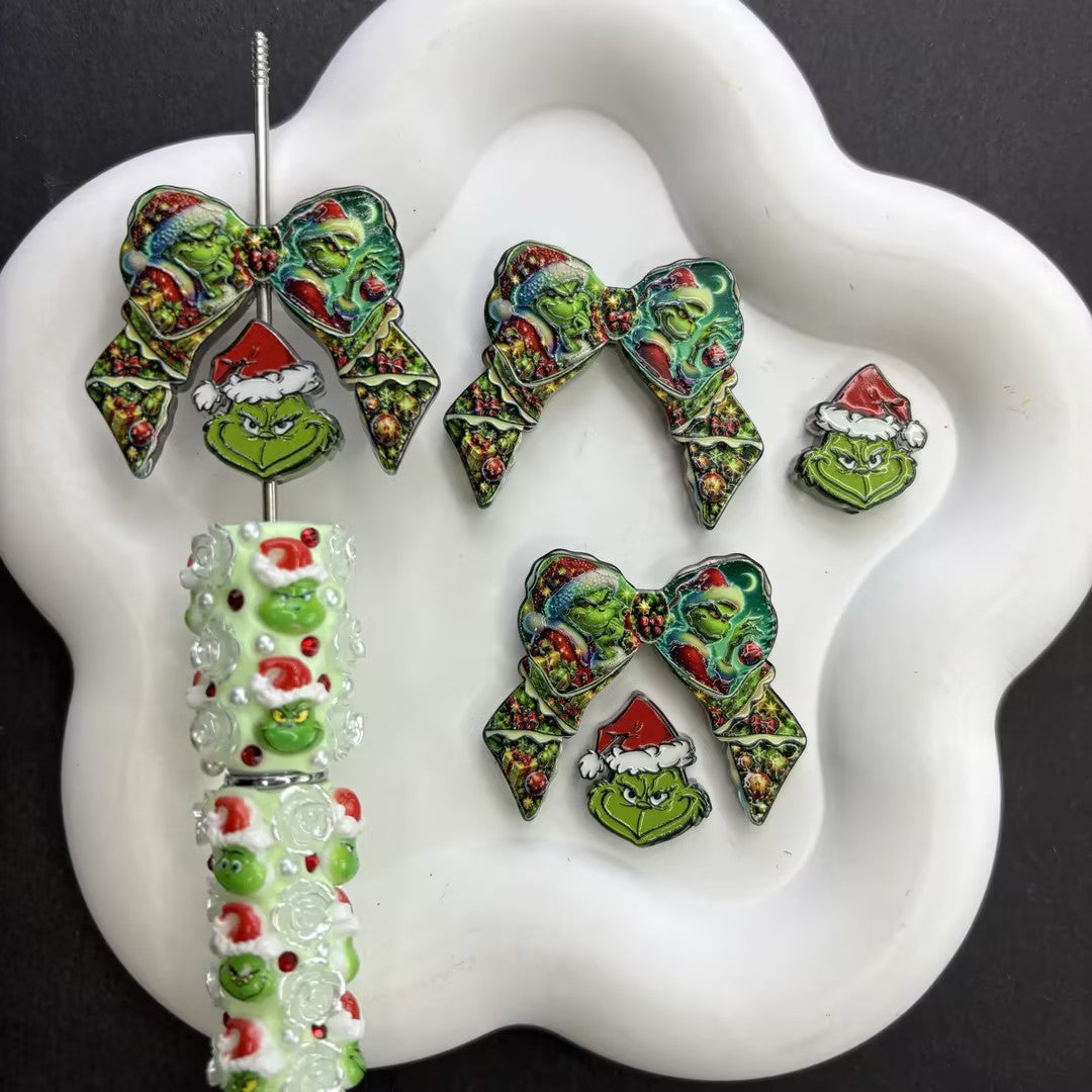 Holiday Green Monster Bow Focal Bead Set – Mean One Christmas Bowknot & Spacer Beads for DIY Beadable Pens & Crafts