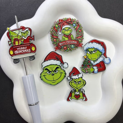 Grumpy Green Monster Christmas Focal Beads – Retro Holiday Acrylic Beads for Beadable Pens & Keychain DIY Crafts