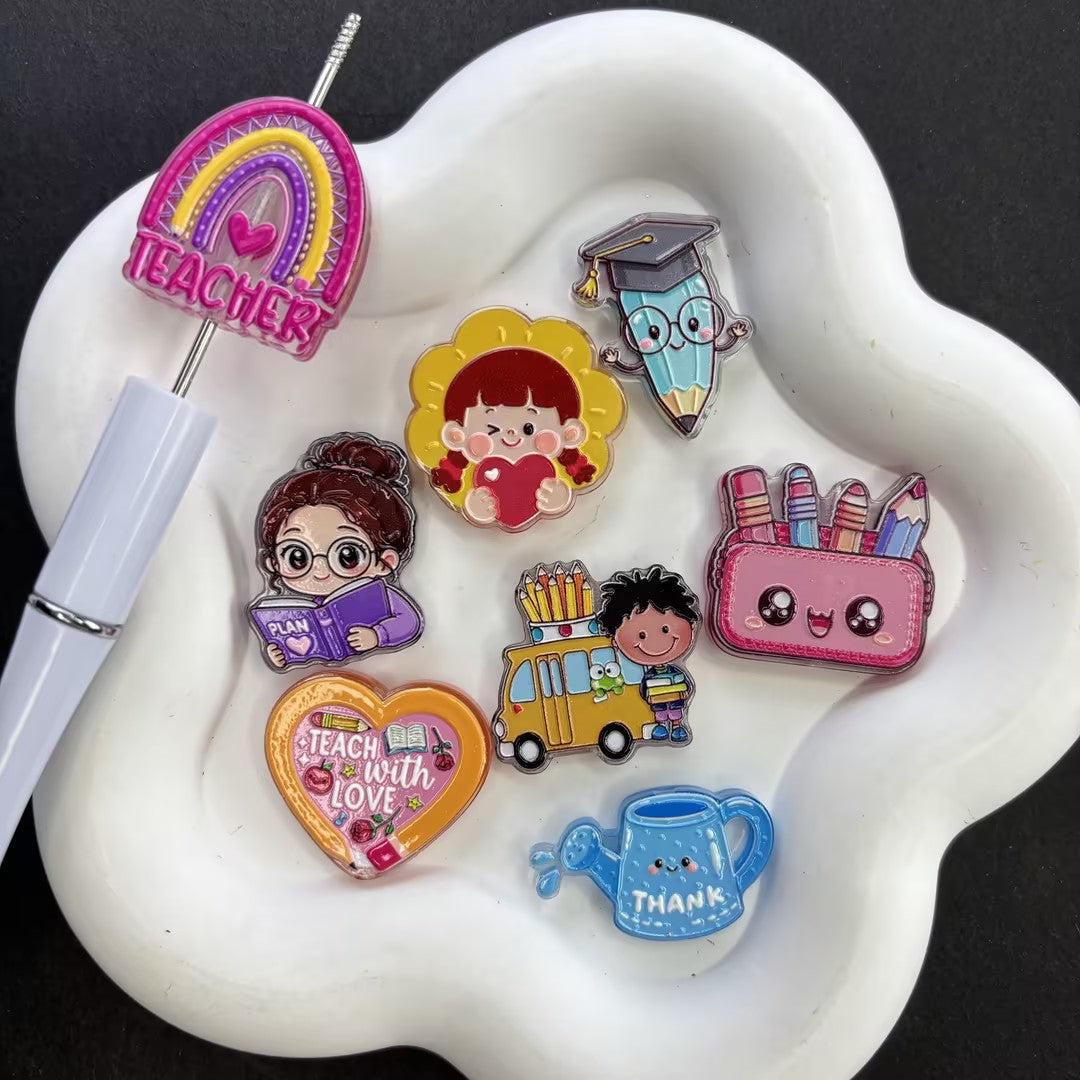 Cute Teacher Appreciation Focal Beads – Back to School Acrylic Beads for Beadable Pens, Badge Reels & Keychain DIY Crafts
