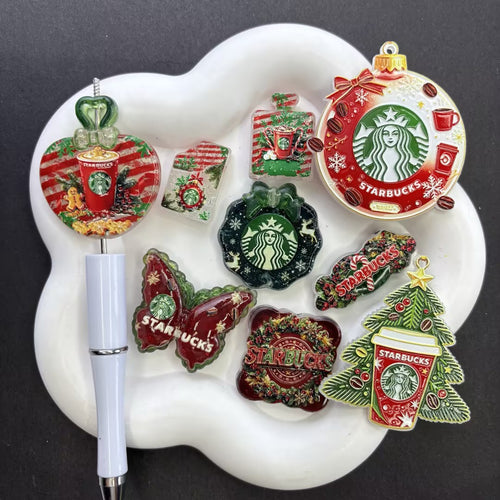 Holiday Festive Coffee Cup Focal Beads – Green Mermaid & Winter Latte Acrylic Beads for Beadable Pens & Keychain DIY Crafts