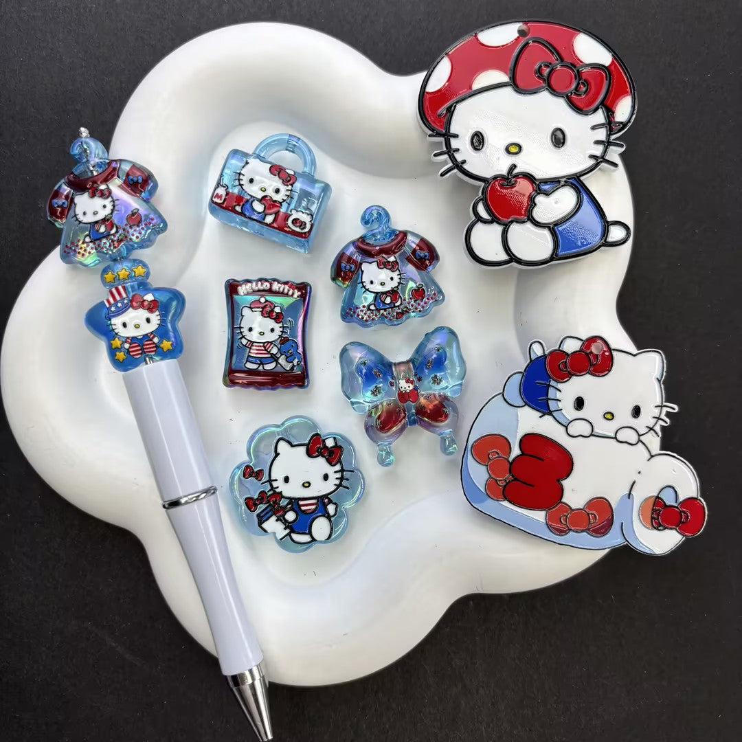Cute Retro White Cat Focal Beads – Red Bow & Apple Acrylic Beads for Beadable Pens & Keychain DIY Crafts