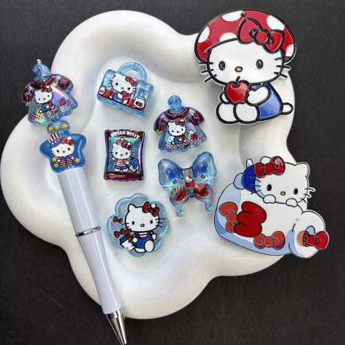 Cute Retro White Cat Focal Beads – Red Bow & Apple Acrylic Beads for Beadable Pens & Keychain DIY Crafts