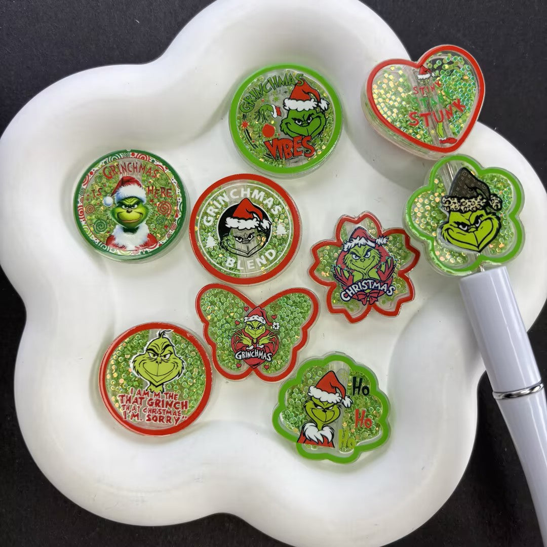 Glitter Green Monster Christmas Focal Beads – Sparkling Holiday Acrylic Charms for Beadable Pens & Keychain DIY Crafts