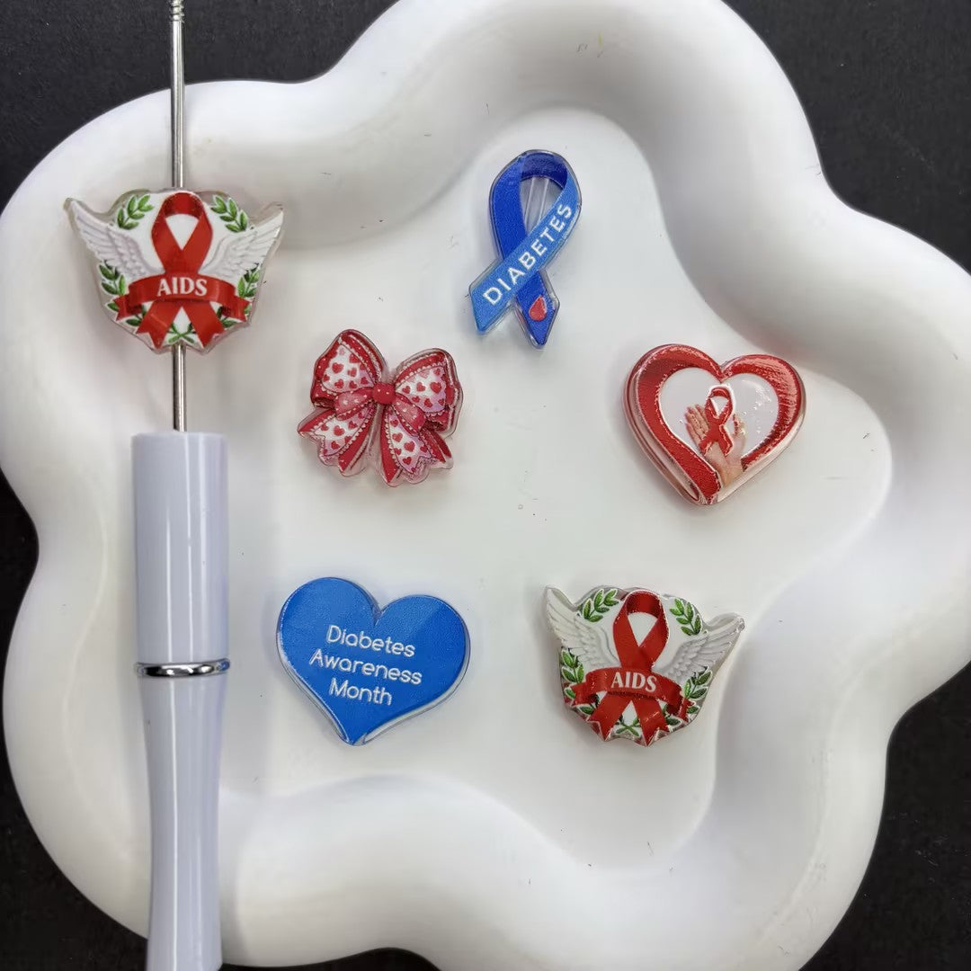 Medical Awareness Ribbon Focal Beads – Diabetes & AIDS Cause Acrylic Beads for Beadable Pens, Nurse Badge Reels & Keychain DIY Crafts