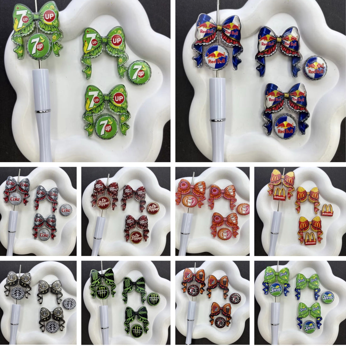 Cute Sparkling Soda & Drink Coquette Bow Focal Beads – Rhinestone Novelty Beverage Acrylic Charms for Beadable Pens & Keychain DIY Crafts