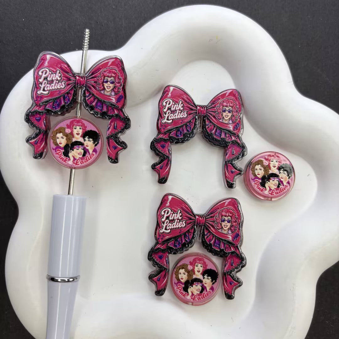 50s Retro Hot Pink Ribbon Bow Focal Beads – Vintage Rockabilly Girl Squad Acrylic Charms for Beadable Pens & Keychain DIY Crafts