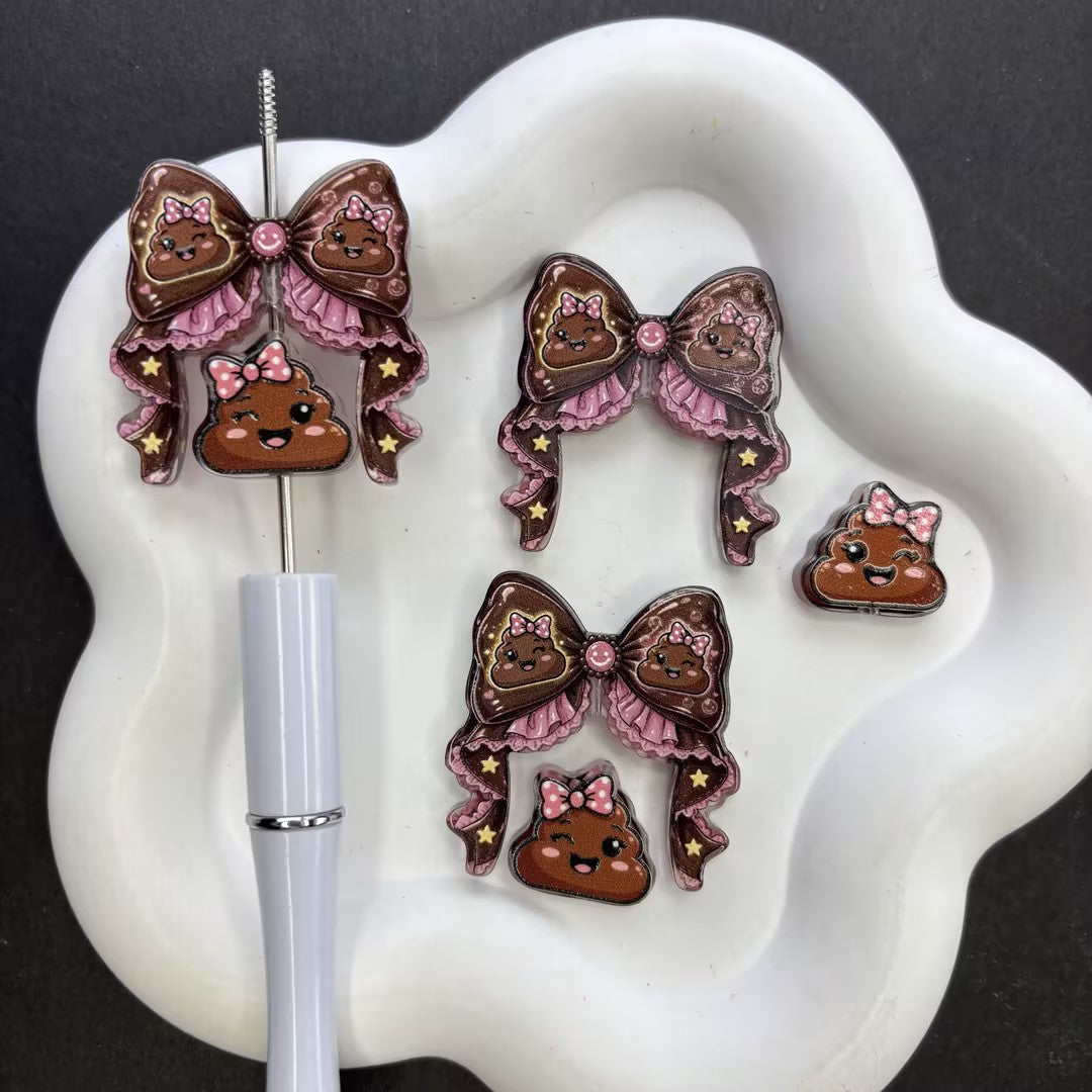 Cute Kawaii Poop Ribbon Bow Focal Beads – Funny Gag Emoji Acrylic Beads for Beadable Pens, Nurse Badge Reels & Keychain DIY Crafts