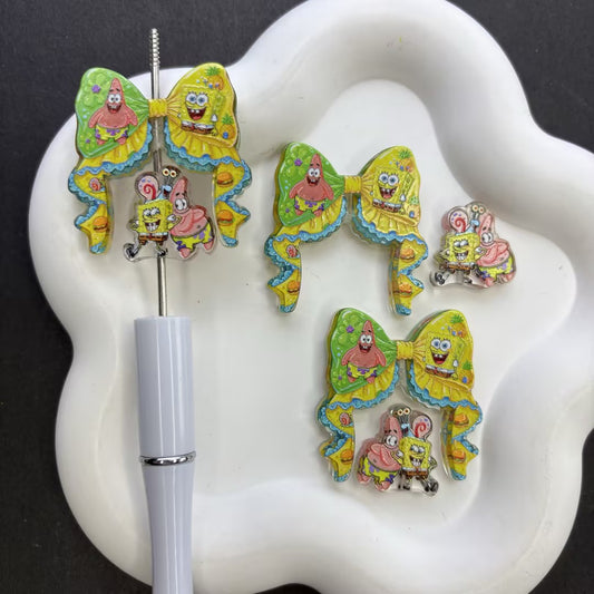 Undersea Besties Ribbon Bow Focal Beads – Yellow Sponge & Pink Star Acrylic Charms for Beadable Pens & Keychain DIY Crafts