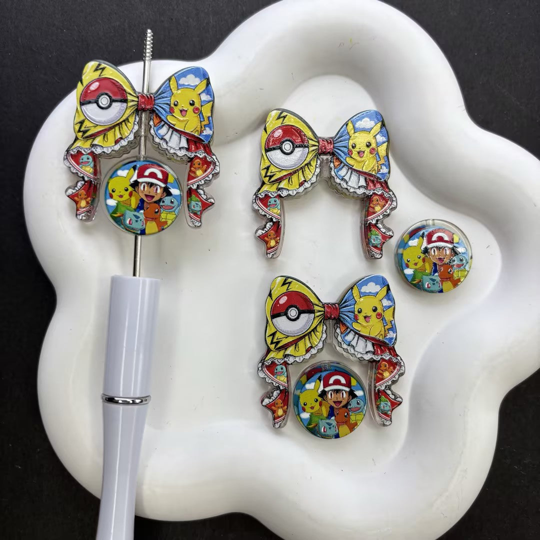 Anime Electric Monster Ribbon Bow Focal Beads – Pocket Creature Acrylic Charms for Beadable Pens & Keychain DIY Crafts