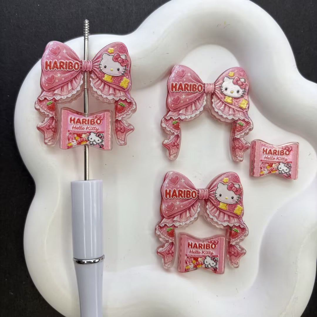 Cute Pink Strawberry Gummy Ribbon Bow Focal Beads – Sweet Cartoon Kitten Candy Acrylic Charms for Beadable Pens & Keychain DIY Crafts