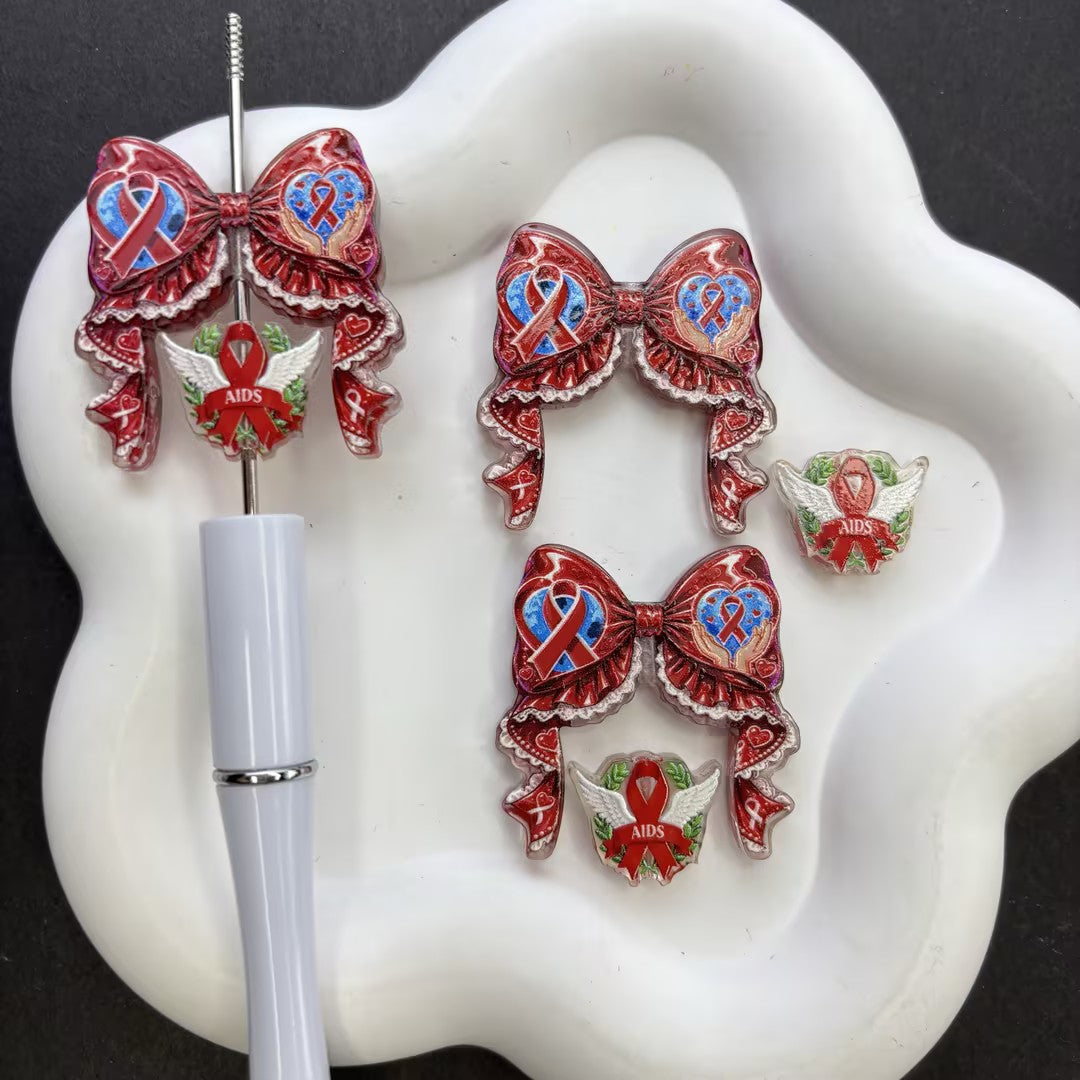 Red Ribbon Hope Ribbon Bow Focal Beads – Medical Awareness Acrylic Charms for Beadable Pens, Nurse Badge Reels & Keychain DIY Crafts