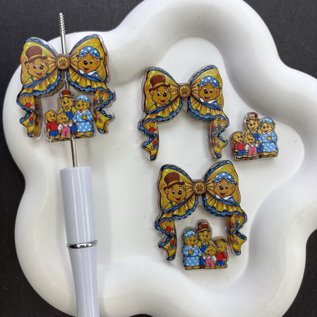 Storybook Bear Family Ribbon Bow Focal Beads – Cute Nostalgic Story Bear Acrylic Charms for Beadable Pens & Keychain DIY Crafts