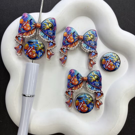 Tropical Ocean Clownfish Ribbon Bow Focal Beads – Deep Blue Coral Reef Acrylic Charms for Beadable Pens & Keychain DIY Crafts
