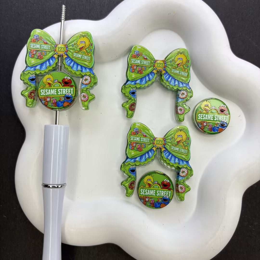 Preschool Monster Friends Ribbon Bow Focal Beads – Green Letter Block Acrylic Charms for Beadable Pens & Keychain DIY Crafts