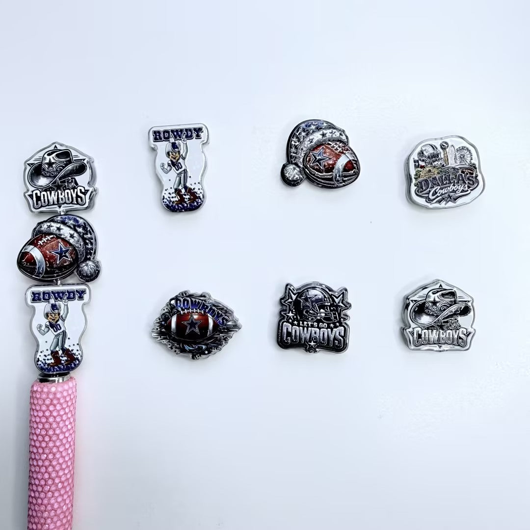 Silver & Blue Football Focal Beads, Game Day Cowboy Star Acrylic Charms & Mascot Pen Toppers for DIY Beadable Pens & Keychains