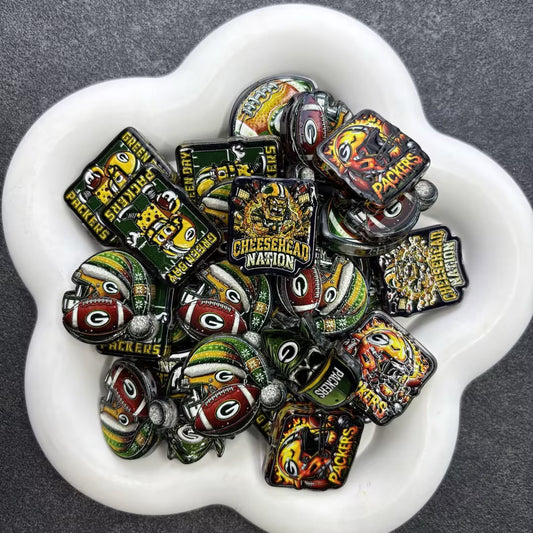 Green & Gold Game Day Football Focal Beads, Acrylic Sport Helmet & Cheesehead Nation Charms for DIY Beadable Pens & Keychains